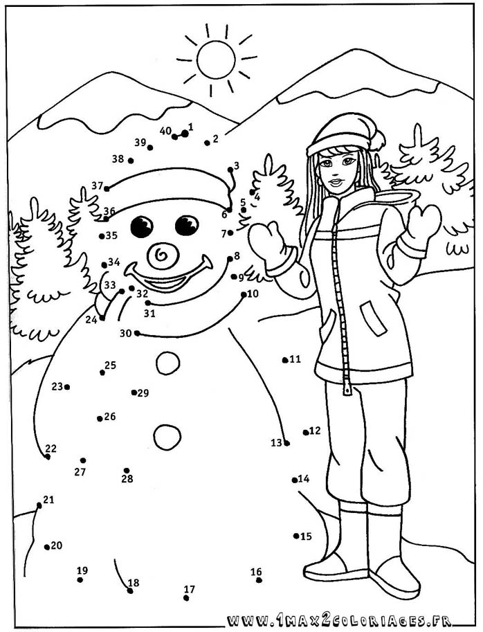 Coloriage bonhomme de neige - Relier les points de 1 à 40 
