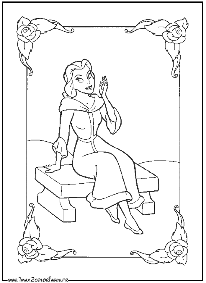 coloriages Belle sur un banc