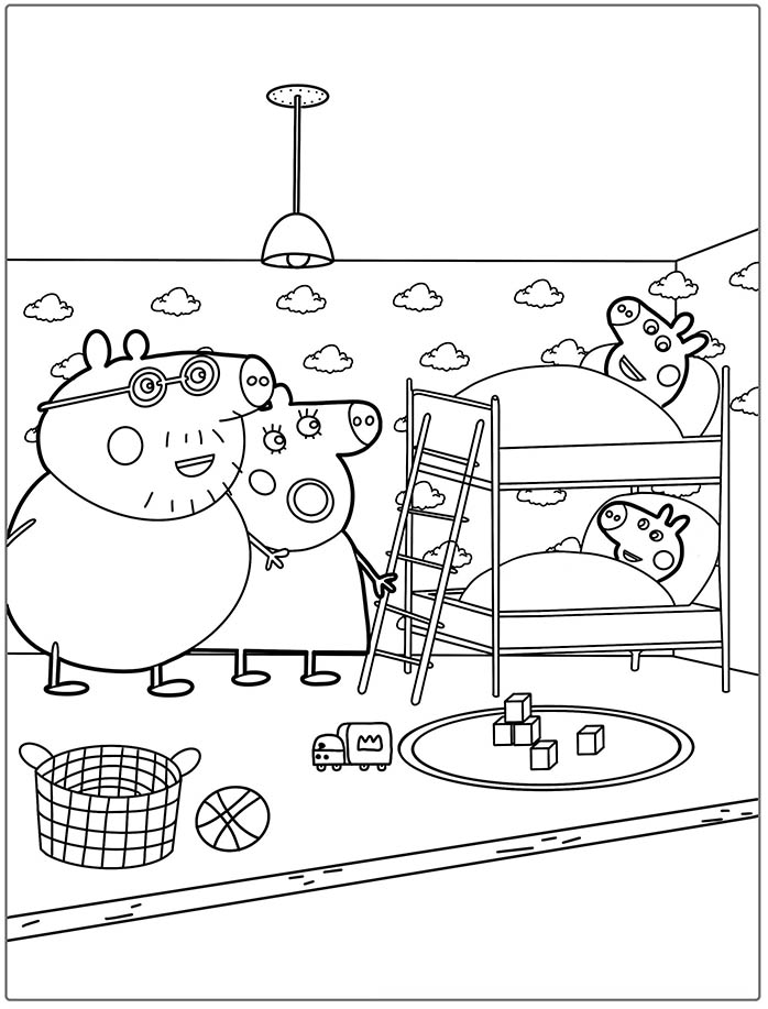 coloriage peppa pig et georges sont au lit