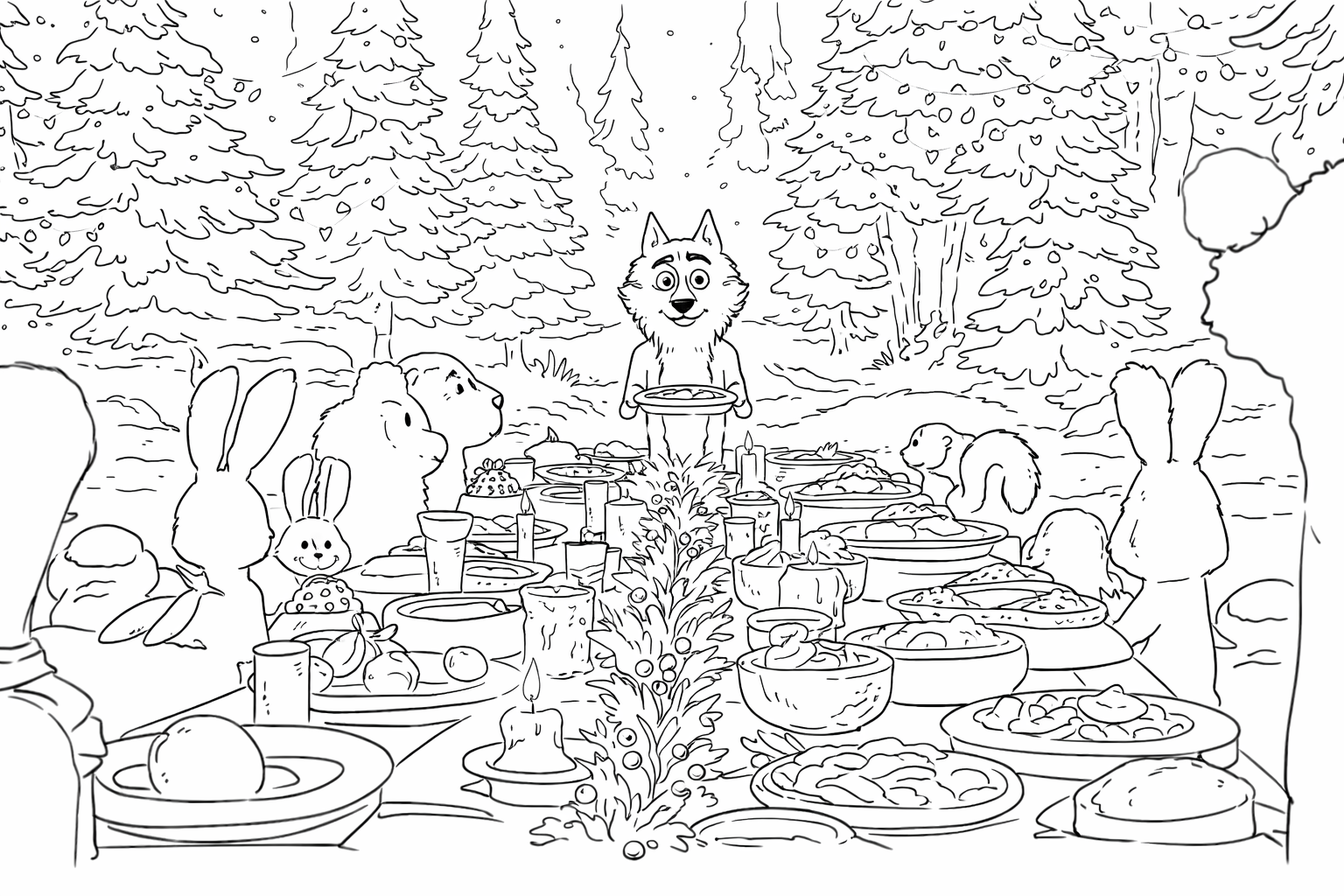 du loup et le repas avec ses amis coloriages