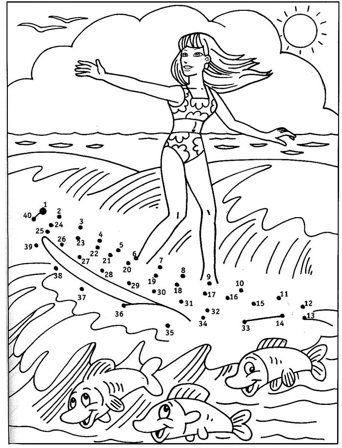 Coloriage fille surfant avec les dauphins - Relier les points de 1 à 40 
